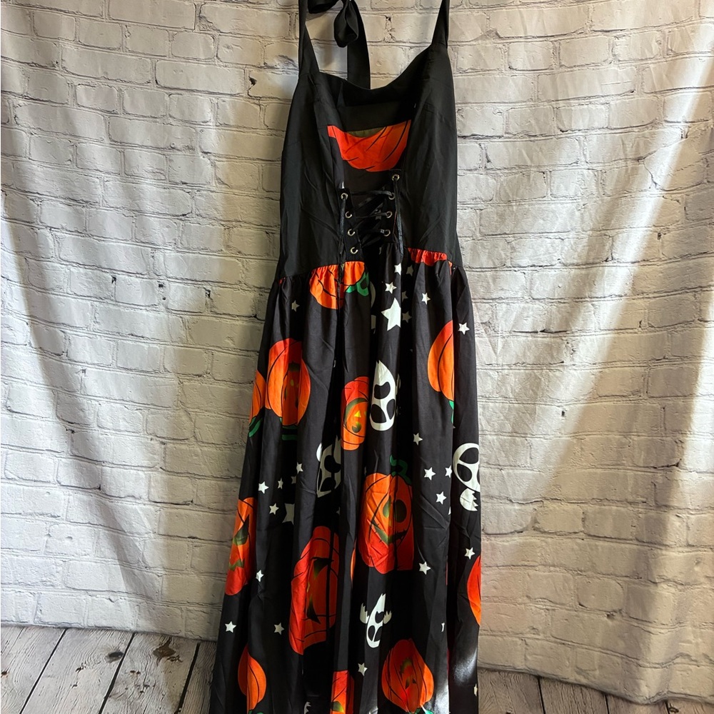Rosegal Women’s Halloween Black Halter‎ Maxi Dress Skulls Jackolanterns Sz Large